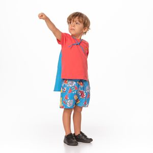 Cm T-Shirt Básica de Malha Algodão, Leve e Confortável, com Capa e Bermuda Estampa Logo Mini Super Heróis